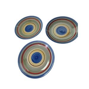 GIBSON Salsa Stripes Blue Red Bands Vintage Heavy Stoneware Plates Set of 3